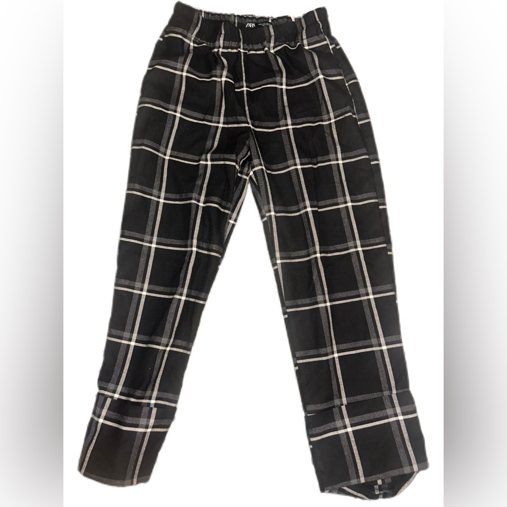 Zara Black & White Plaid‎ Elastic Waist Wide Leg Cuffed Trousers Size Small